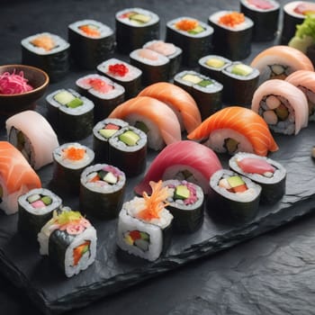 Elegant sushi spread with an array of flavors, including salmon, tuna, and vegetable rolls. Great for food photography, showcasing the artistry of sushi-making and inviting viewers to indulge
