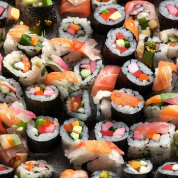 Elegant sushi spread with an array of flavors, including salmon, tuna, and vegetable rolls. Great for food photography, showcasing the artistry of sushi-making and inviting viewers to indulge