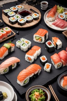 Elegant sushi spread with an array of flavors, including salmon, tuna, and vegetable rolls. Great for food photography, showcasing the artistry of sushi-making and inviting viewers to indulge
