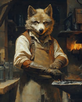 Illustration of a wolf working in an apron in a workshop. Selective focus.