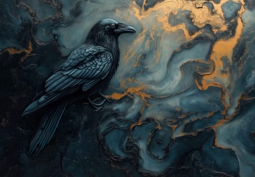 A black raven on an abstract textured background. Selective focus.