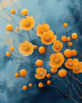 Painting, blooming branch with orange flowers on blue textured background. Selective focus.