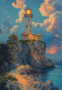 Illustration, a path to a lighthouse on a rocky island. Selective focus.
