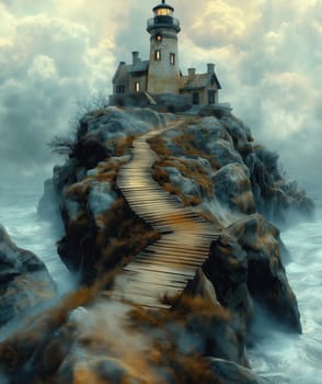 Illustration, a path to a lighthouse on a rocky island. Selective focus.