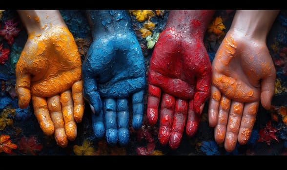 Hands in colored paint on an abstract background. Selective focus.