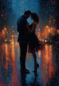 Painting of a man and woman dancing tango on a city street at night. Selective focus.