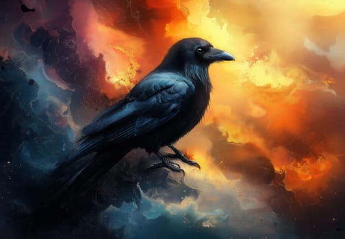 A black raven on an abstract textured background. Selective focus.