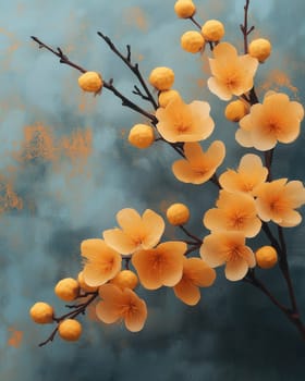Painting, blooming branch with orange flowers on blue textured background. Selective focus.