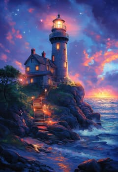 Illustration, a path to a lighthouse on a rocky island. Selective focus.