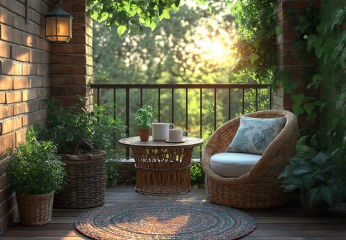 Spring morning on the balcony with a cup of coffee. Selective focus.