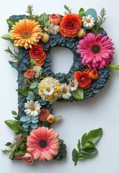 The letter P of colorful flowers on a white background. Selective focus.