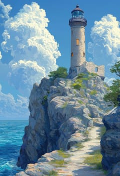 Illustration, a path to a lighthouse on a rocky island. Selective focus.