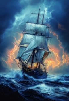 A sailing ship braves the waves on a stormy sea. Selective focus.