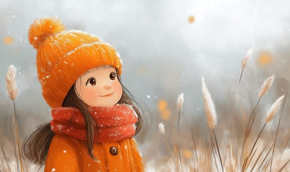 Illustration of a girl on a winter background. Selective focus.