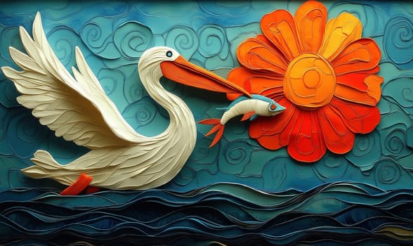 A colorful picture of a pelican catching fish. Selective focus.