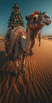 A camel in the desert delivering a Christmas tree. Selective focus.