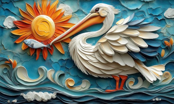 A colorful picture of a pelican catching fish. Selective focus.