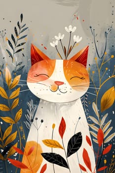 A creative art paint depicting a Felidae cat adorned with flowers on its head, surrounded by leaves. The painting showcases a small to mediumsized carnivore with whiskers