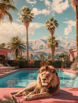 The majestic lion is peacefully resting on the edge of the sparkling swimming pool, surrounded by lush greenery under a clear blue sky