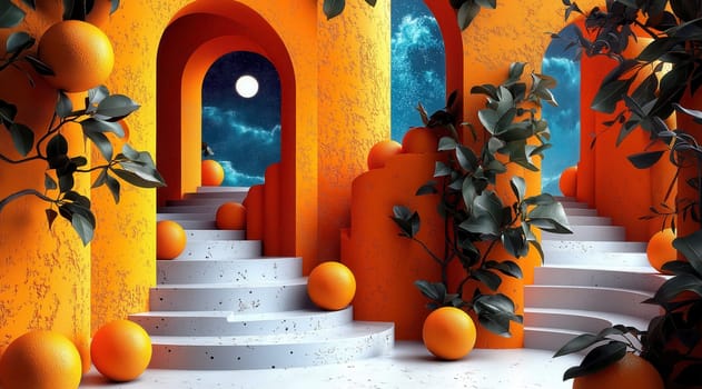 A staircase with arches in an orange theme with balls and greenery. Selective focus.