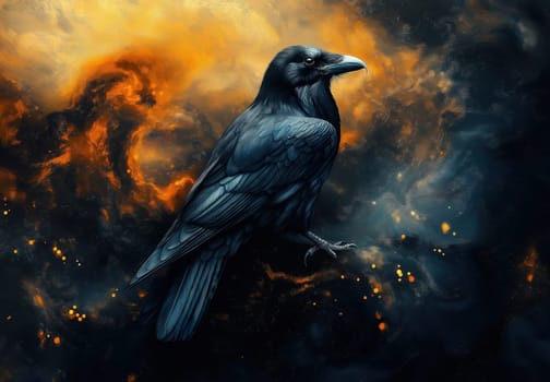 A black raven on an abstract textured background. Selective focus.