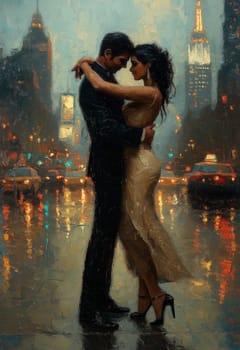Painting of a man and woman dancing tango on a city street at night. Selective focus.