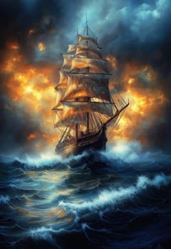A sailing ship braves the waves on a stormy sea. Selective focus.