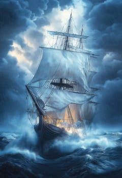 A sailing ship braves the waves on a stormy sea. Selective focus.