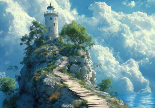Illustration, a path to a lighthouse on a rocky island. Selective focus.