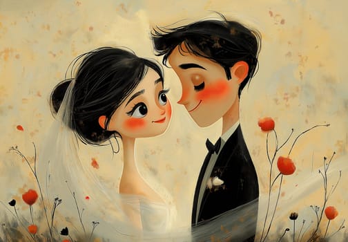 A cartoon illustration of a bride and groom on a cream background. Selective focus.