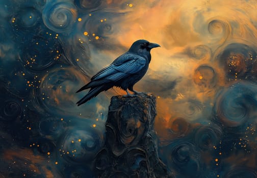 A black raven on an abstract textured background. Selective focus.