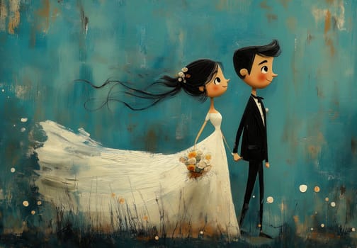 A cartoon illustration of a bride and groom on a blue background. Selective focus.