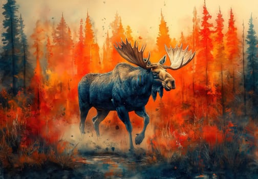 Watercolor of a moose running through an autumn forest. Selective focus.