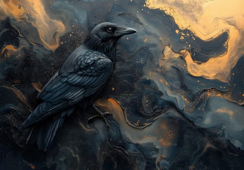 A black raven on an abstract textured background. Selective focus.