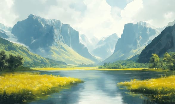 A natural landscape with a lake against the backdrop of mountains. Selective focus.