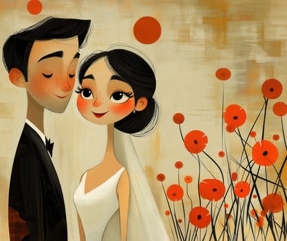 A cartoon illustration of a bride and groom on a cream background. Selective focus.