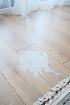 Spilled white milk on a wooden floor