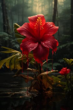 Tropical Rainforest Beauty: Vibrant Hibiscus Blossom by the Water. High quality photo