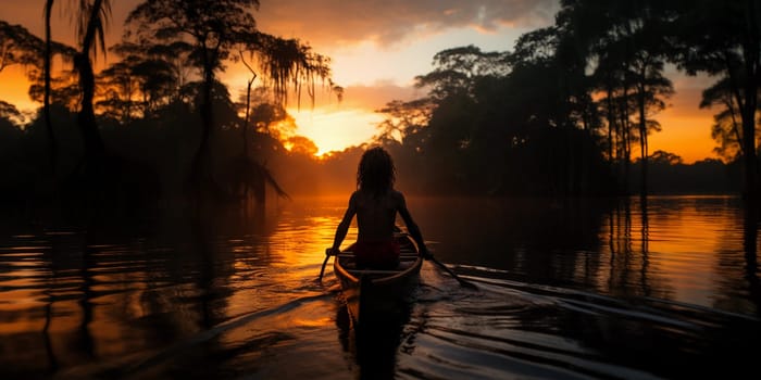 Journey Through the Ancient Amazon: Indigenous Teen Paddling into Sunset Bliss. High quality photo