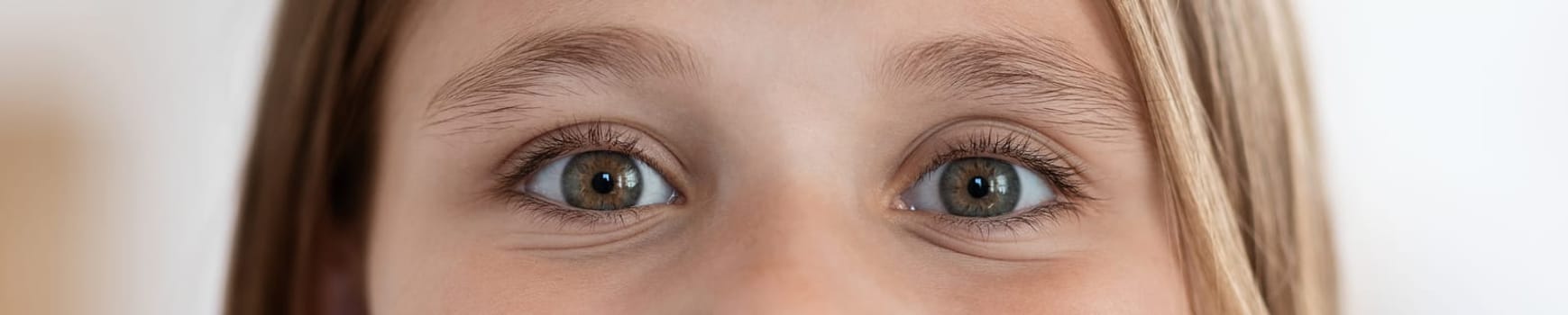 Closeup macro shot of human teenager girl green eyes, blurred background. Woman with natural face beauty makeup, web-banner. Pediatric ophthalmology, vision care in children concept