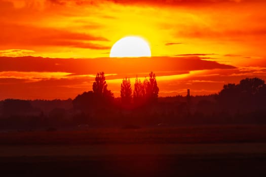 Beautiful cloudy red sunset with gigantic sun over big fields and trees seen by 600mm camera lens 