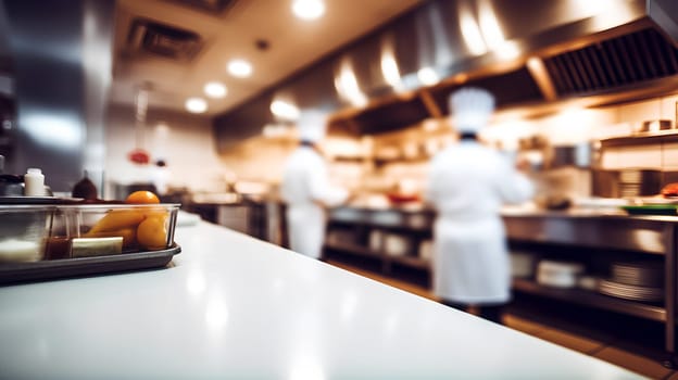 chefs are preparing food in a kitchen - blurred background - AI generative