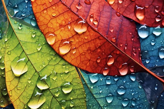 Closeup image of colorful leaves with raindrops - AI generative