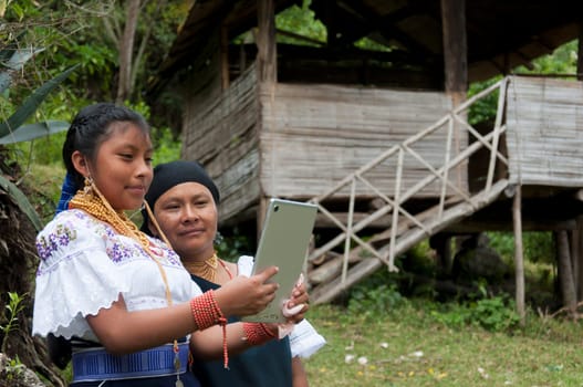 Digital Wisdom in the Heart of the Amazon: An Indigenous Family's Online Learning Journey in the Rainforest. High quality photo