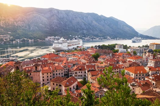 Top view of the old city of Kotor and the Kotor Bay in Montenegro