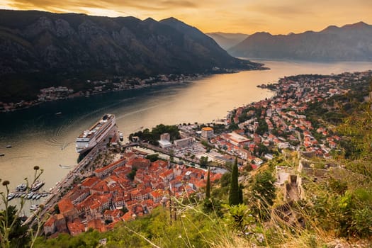 Top view of the old city of Kotor and the Kotor Bay in Montenegro. Sunset view of the Illlyrian Fort over the city of Kotor