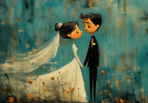 A cartoon illustration of a bride and groom on a blue background. Selective focus.
