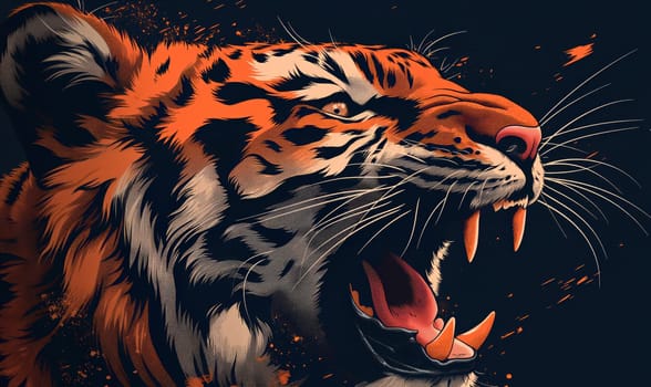 Abstract illustration of a tiger face on a dark background. Selective focus.