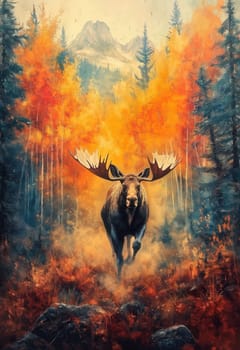 Watercolor of a moose running through an autumn forest. Selective focus.
