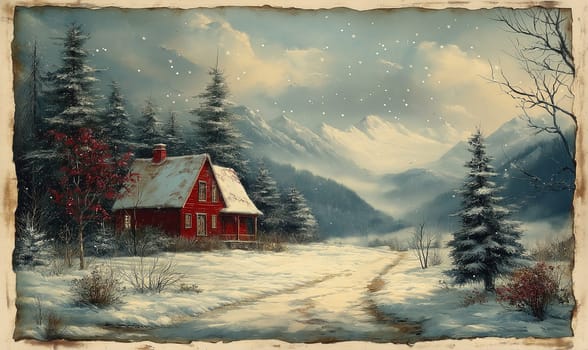 Winter picture, with the image of a snowy road and an adorable house. Selective focus.